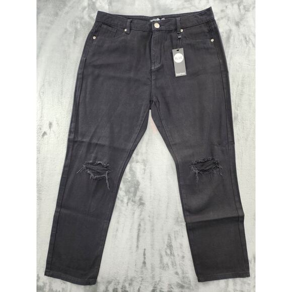 NEW Boohoo Jeans Womens 12 Black High Rise Distressed Straight Leg Stretch Denim - Picture 1 of 13